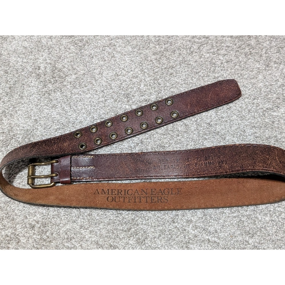 American Eagle Belt Mens XL Brown Leather Double Grommet Distressed Rugged Y2K